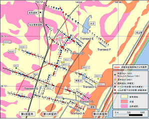 図1:掘削地点と貞観津波堆積物の分布